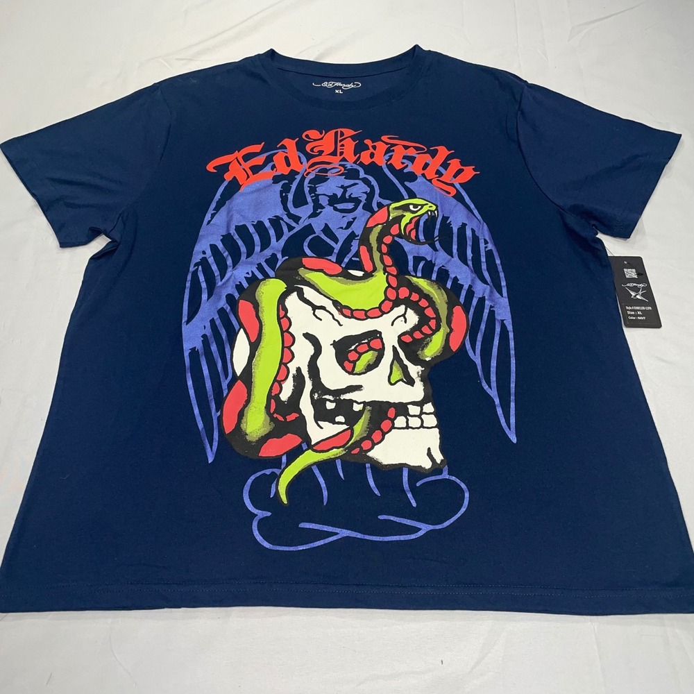 Ed Hardy‎ Mens Navy Blue Skull Snake Graphic T-Shirt XL NWT EHM1100-11FN